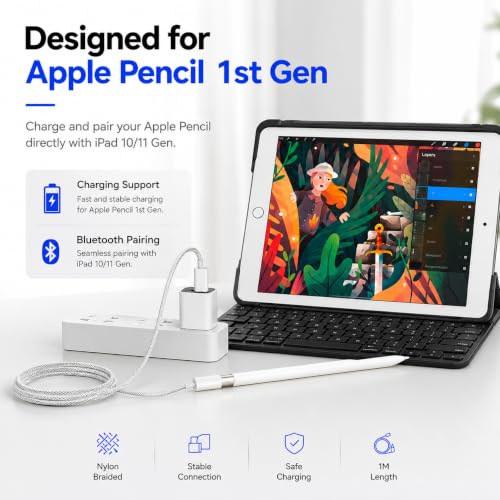 Image of Verilux C Type Charger Cable for Apple Pencil 1st Generation 1M, USB C to Pencil Adapter Compatible with iPad 10th Gen 2022 11th Gen 2025, Bluetooth Pairing Connector for Fast Charging Easy Pairing