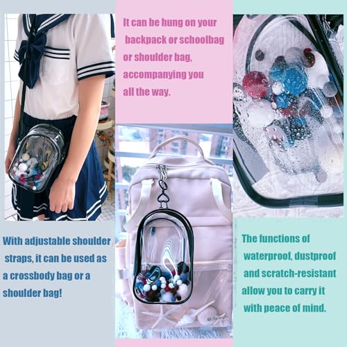 Image of Clear Doll Case with Keychain and Adjustable Strap, Waterproof Crossbody Bag for Blind Box Collectibles - Dustproof PVC Display Cover (Black, 6.9inch /17.5cm)