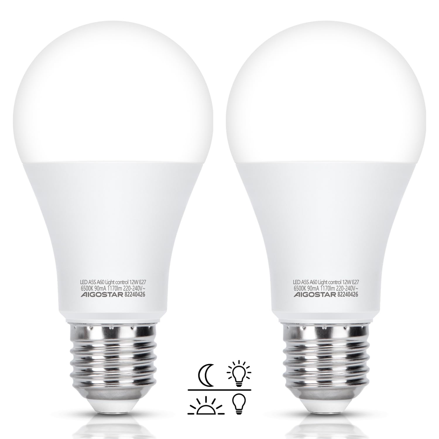 Aigostar LED Lampe E27 mit Tageslichtsensor, Lichtsensor Glühbirne 12W, Glühbirne mit Dämmerungssensor, Kaltweiss 6500K, 1170 Lm, Automatische On/Off LED Glühbirne für Korridor Garage Garten, 2 Stück