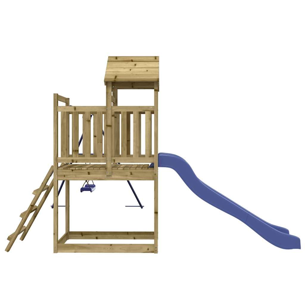 Wieża do zabawy z impregnowanego ciśnieniowo drewna sosnowego ze zjeżdżalnią, huśtawką, drabinką i piaskownicą do ogrodu, platforma 90 cm, 242 x 304 x 214 cm, dla dzieci w wieku od 3 do 8 lat