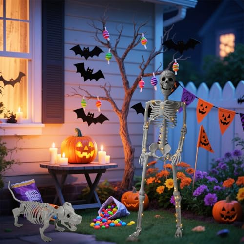 Image of Lighted Human & Dog Skeleton Halloween Decorations Outdoor /Indoor - 36 Inch Realistic Full Body Movable Posable Skeleton Spooky Halloween Decor for Garden Yard Porch Party Haunted Graveyard
