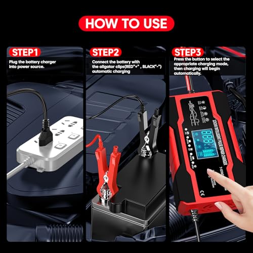 Image of Sounce 10-Amp 12V & 24V Fully Automatic Smart Car Battery Charger: Battery Maintainer, Trickle Charger & Desulfator with Intelligent LCD Display, Advanced Repair Mode - Compatible with AGM, Gel, SLA