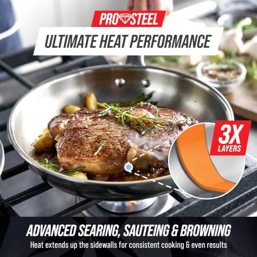 Image of Blue Diamond Pro Steel 12 inch Tri-Ply Stainless Steel Frying Pan with Lid