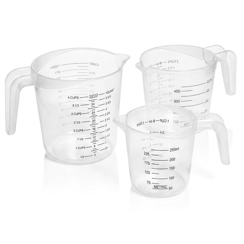 3 Pcs Measuring Jug Set, Clear Plastic Jug 1L, 500ml, and 250ml with Measuring Scale Markings and Angled Grip Handles, Easily Storable and Stackable