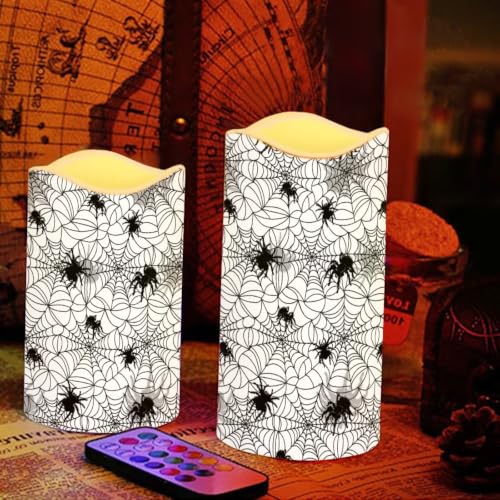 Image of Halloween Spider Web Print Flameless Candles Set of 4 | Flameless Candles with Remote Control Flickering LED Candles with Timer for Halloween Party Patio Celebration Accents