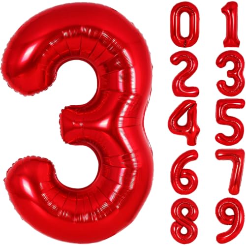 Image of Number Balloons Red Party Balloon - 40 Inch Large Number 3 Balloon, Numbers Balloon Birthday Decorations, Red Party Supplies for Anniversary
