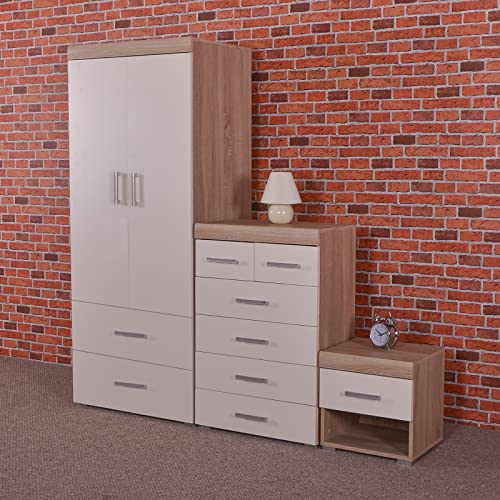 DRP Trading 3 Piece White & Sonoma Oak Bedroom Furniture Set - Wardrobe, 4+2 Drawer Chest, 1 Drawer Bedside Table