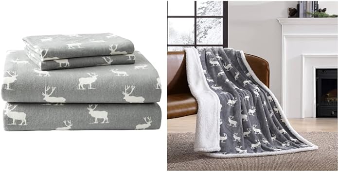 Eddie Bauer Home 100% Cotton Flannel Sheet Set + Ultra Plush Reversible Sherpa Fleece Throw