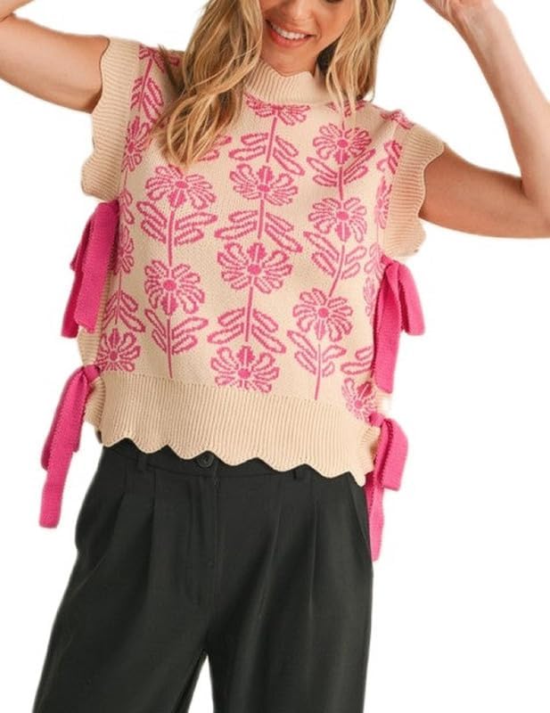 NUFIWI Womens Y2K Ribbon Bow Sweater Vest Chunky Cap Sleeve Knit Vest with Bows Casual Lace Up Bandage Crochet Knit Tank