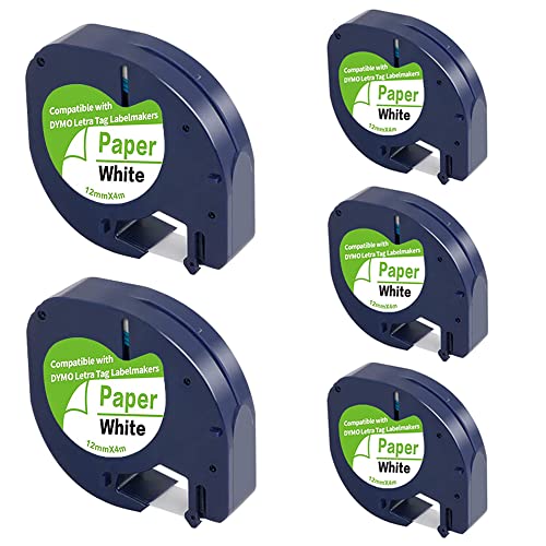 Paquete de 5 recambios compatibles con Dymo Letratag 91200 91330 10697 S0721510, papel blanco de 12 mm x 4 m, funciona con Dymo Letra Tag LT 100H LT 100T Plus 200B QX50 XR XM 200B 000