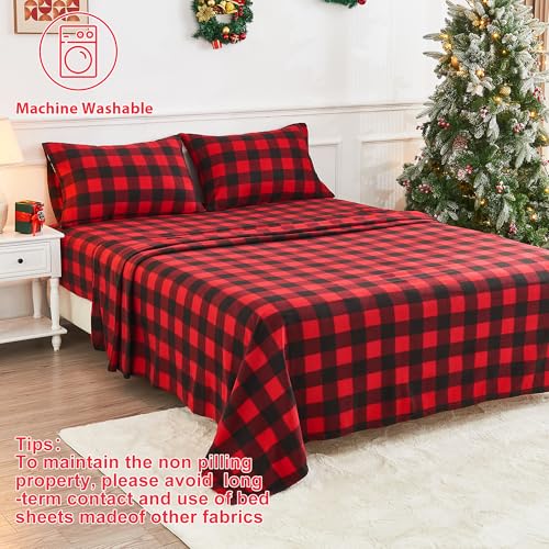 Image of Softan Fleece Queen Sheets Set 4-Piece Fuzzy Bed Sets with 15 inch Deep Pocket Fitted Sheet, Flat Sheet and Pillowcase,Red Buffalo Plaid