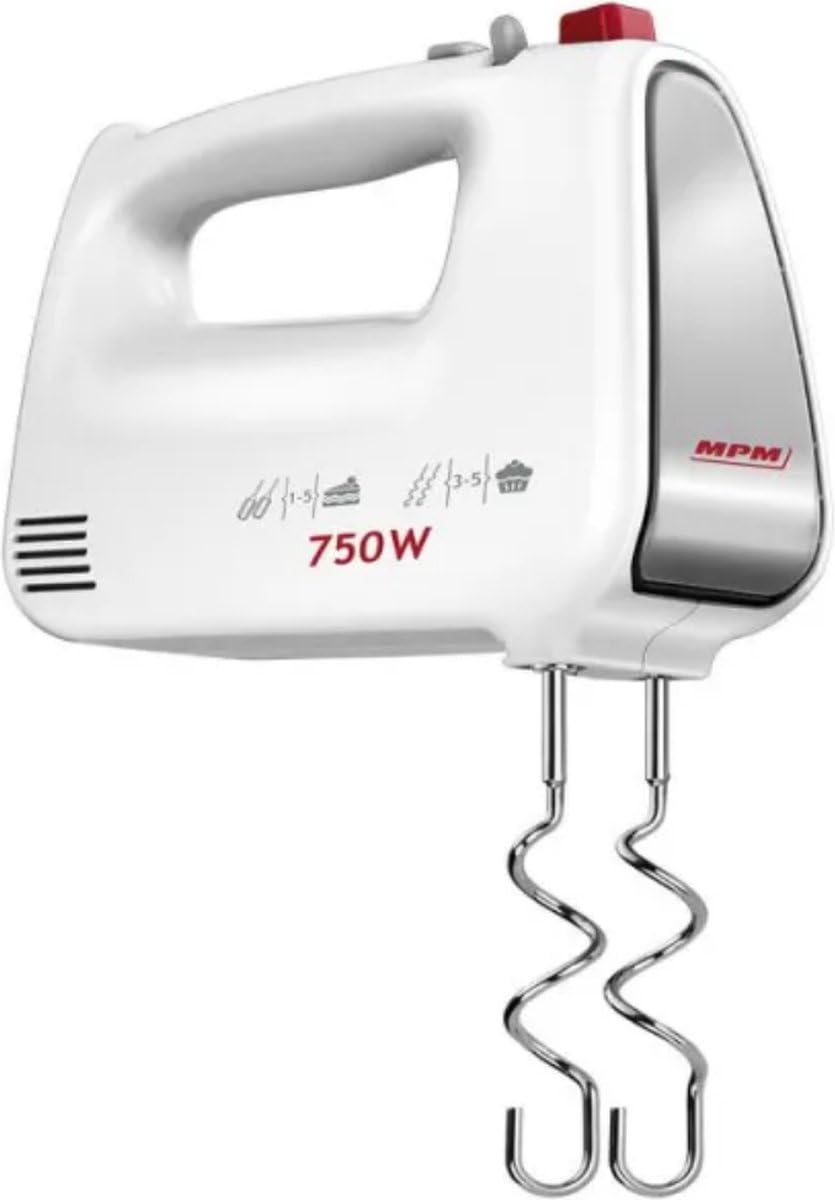 MPM - MMR-19 - Batidora de mano - Batidora de mano - 750 vatios - Con batidor para masa de galletas y gancho para amasar masa de levadura/pan - Con 5 velocidades y nivel turbo - Eléctrico (blanco)