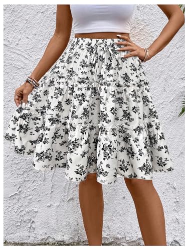 Floerns Women's Floral High Waist Drawstring Ruffled Layer Flared Hem Short Skirts3