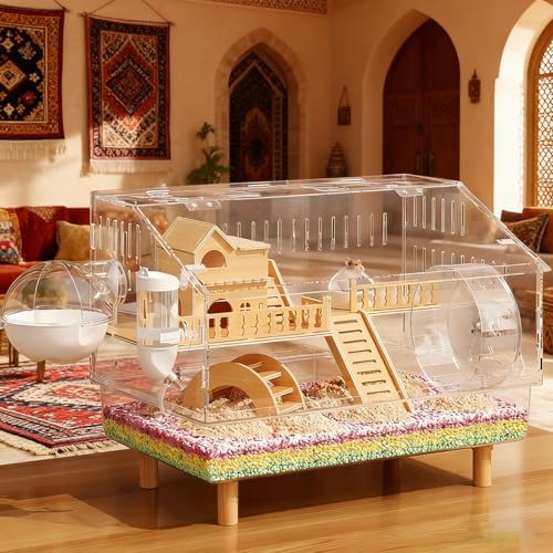 TCCHDM 8 in 1 Acrylic Hamster Cage with All Accessories 2-Layer Hamster House with Full Transparent Viewing Top Open Mouse Cage for Pet Mice Hamster Habitat for Dwarf Hamster Gerbils