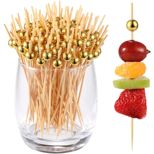200 Pcs Cocktail Picks, Gold Plastic Ball Decor Skewer for Appetizers, Fruit, Kebabs, Mini Burger, Bamboo Skewers for Drinks, Handheld Toothpicks, Food Sticks Natural, Kitchen Gadget