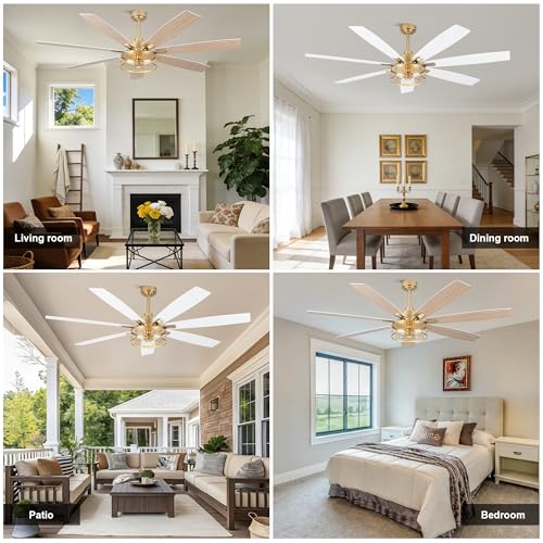 Image of 72 inch White and Gold Ceiling Fan with Lights Fandelier Ceiling Fan | Modern Caged Chandelier, Farmhouse Fandeliers with Lights and Remote for Living Room Indoor, Reversible DC Motor 6 Speeds