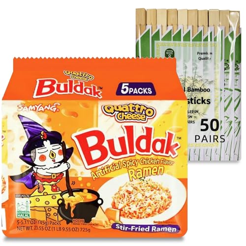 Samyang Buldak Ramen Noodles - Quattro Cheese Flavor - 5 Pack - Spicy Ramen Noodles Buldak Ramen Korean Spicy Hot Chicken Stir-Fried Noodles Bundle with 50 Rom America Branded Chopsticks