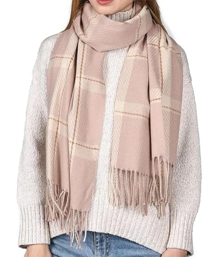 JFAN Schal für Damen Winter Schal Pashmina Cashmere Warmer Damen Scarf Elegante Lange Oversized kariert Wraps mit Quaste Rosa