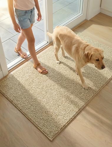 KSSKEN 50x80cm Tapis d’Intérieur Antidérapant et Absorbant, Tapis en Microfibre Douce et Lavable Attrape-Poussière pour Cuisine, Salle de Bain et Entrée Intérieure, Adapté aux Animaux (Beige, Uni)