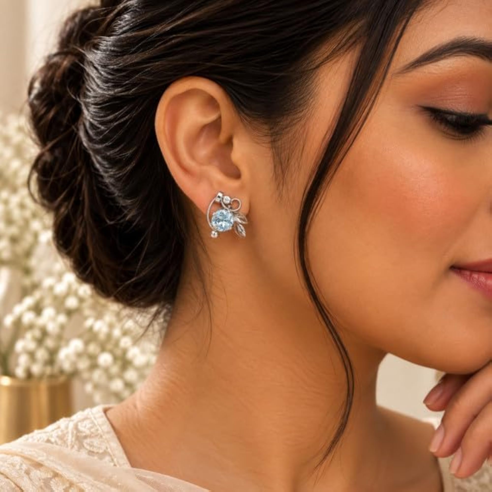 Women's 925 Sterling Silver Topaz Leaf Stud Earrings