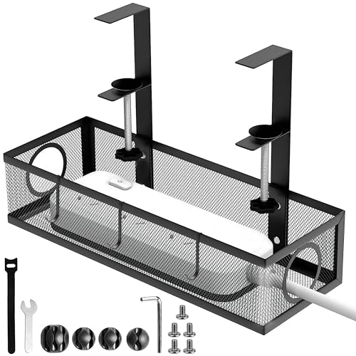 Image of Livzing Adjustable Under Desk Cable Organizer Rack - Metal Mesh Clamp-On Cable Organizer & Power Strip Holder for Home Office, Computer Desks - Office Cable & Wire Organizer Tray (Black, 35 cm)