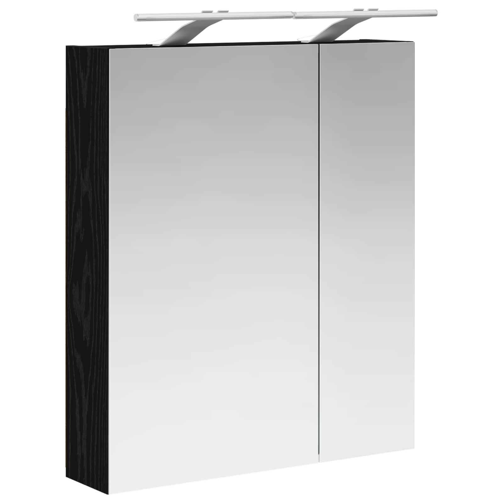 Szafka łazienkowa z lustrem w kolorze czarnym, imitacja dębu, materiał drewnopochodny, 60 x 14,5 x 70 cm, z miejscem do przechowywania, regałem, drzwiami i dwukierunkowym lustrem do łazienki