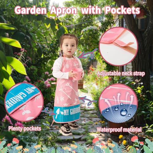 JOI MEW Kids Pink Gardening Tools Set, Garden Toys w/Metal Rake, Shovel, Trowel, Watering Can, Gloves, Tote Bag, Plant pots, DIY Bookmark Kits, Spring Summer Toy Outdoor Gift for Toddler Boy Girl