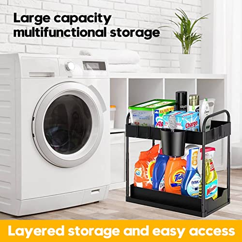 2 Pack 2 Tier Sliding Under Sink Organizer, Adjustable Height, Black Under Sink Shelves With Hooks And Hanging Cup, Multi-Purpose Drawer Under Counter Storage Organizer For Kitchen Bathroom #TOP7