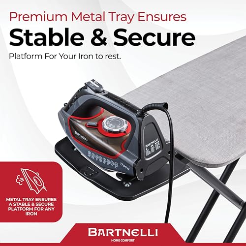 Image of Bartnelli Extreme Stability Ironing Board 43x13 Upgraded Heavy-Duty Metal Frame & Iron Rest, Height Adjustable, Foldable, 4 Non-Skid Feet, 100% Cotton Cover, Made with Patent European Engineering