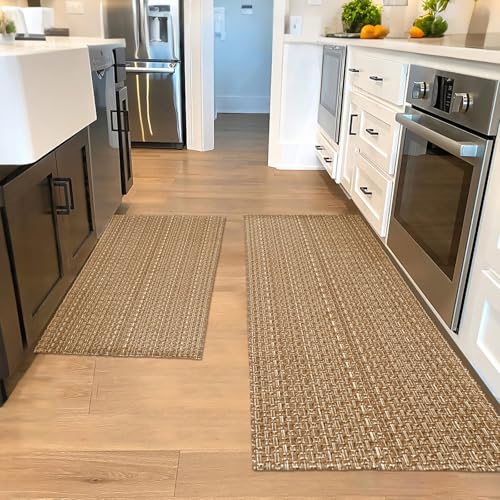 winolive Kitchen Rugs,Kitchen Mats for Floor,Non Slip Washable 20'x 30'+20'x 48' Neutral Braided Rug,Faux Jute Rug with Non Slip Backing for Kitchen,Solid,Easy Clean,Area Rugs Sets of 2Pcs,Tan Brown