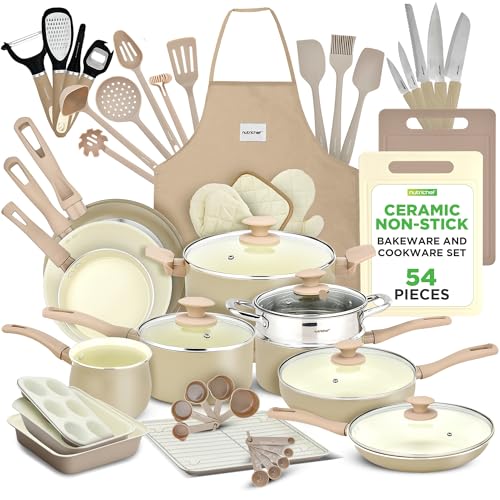 NutriChef Topfset & Pfannenset – 54-teiliges Antihaft-Kochgeschirr Taupe | Inkl. Küchenutensilien, Backblech, Messer | Für Induktion, Gas & Elektro | Gesund & fettfrei kochen