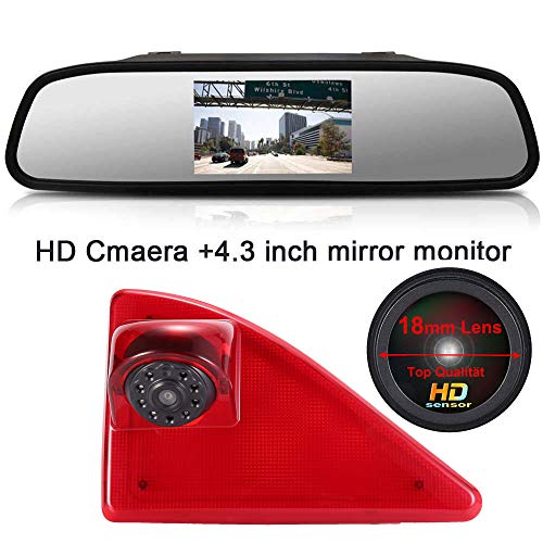 HD IP68 Transporter Nocturna IR Luz Freno Cámara de Marcha Atrás Visión Trasera Coche Puede Ajustar el ángulo para Opel/Vauxhall Movano/Renault Master/NV400 (cámara + 4.3'' Espejo Retrovisor)