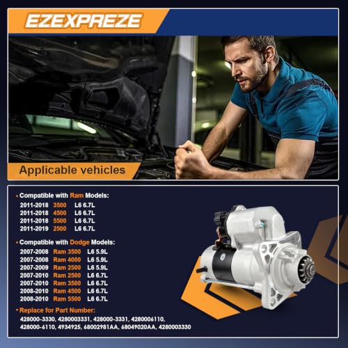 Image of Ezexpreze 19029 New Starter for Dodge Trucks Ram 2500 3500 4000 4500 5500 Diesel 5.9L 6.7L 2007-2018 4934925, 68002981AA, 68049020AA, 4934925, 4280003330, 428000-3331, 4280006110, SND0622