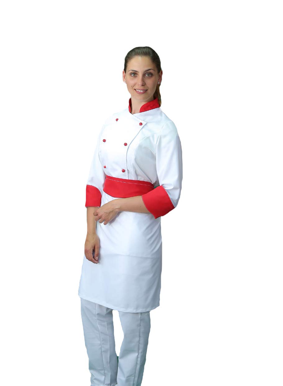 Ricamo Gratuito - Completo Cuoco da Cucina - Bianco e Rosso - Divisa Chef Donna - Pantalone, Giacca e Grembiule - Made in Italy