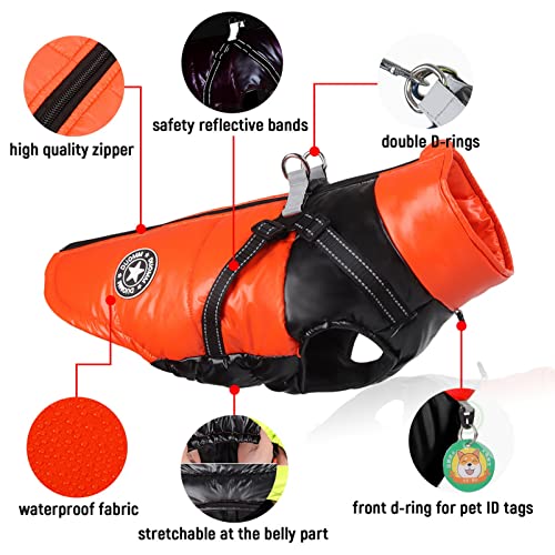 SMALLLEE_LUCKY_STORE Pet Colorblock Sport Waterproof Winter Jacket Vest with Harness D-ring for Small Medium Dog Cat Zip-up Padded Puppy Coat Chihuahua Yorkie French Bulldog Warm Clothes,Orange,M - Image 2