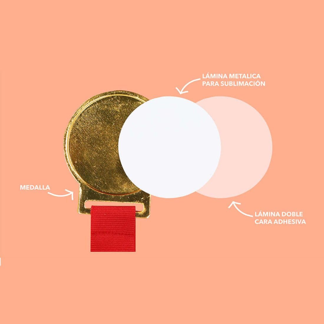 Genérico Pack 50 Medallas para Sublimación con Cinta Roja – Acabado Metálico Dorado – Ø 5 cm – Lote para Personalizar y Ofrecer en Eventos Escolares, Deportivos o Infantiles