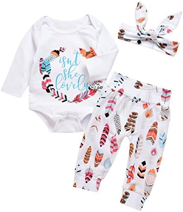 MEKILYN 3Pcs Baby Boy Girls Print Long Sleeve Letters Romper+Leaves Pant+Bunny Headband Winter Outfit
