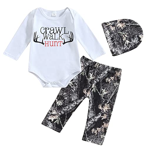Image of Newborn Baby Boys Hunting Clothes Set Long Sleeve Letters Deer Romper Bodysuit Pants Hat Outfit