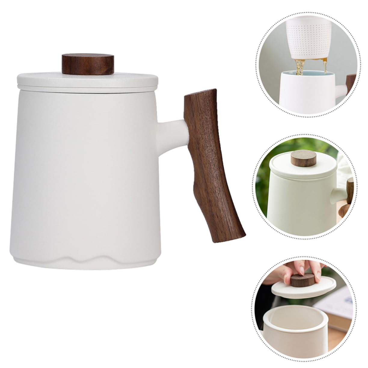Mug avec Passoire à Thé 360ml en Céramique avec Poignée Bois Blanc