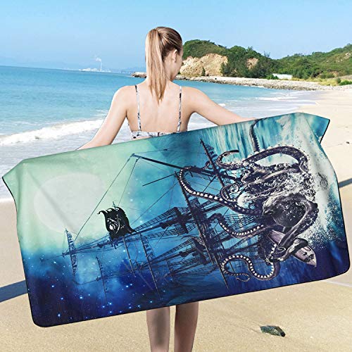 Pknoclan Octopus Beach Towel, Ocean Kraken Beach Towel, Octopus Tentacles Nautical Sailboat Wave Beach Towel, Pirate Under Moon Starry Sky Beach Towel, Absorbent, Oversized, Beach, Pool, Swim