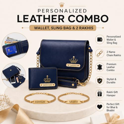 Image of SAVRI Personalized Rakshabandhan Gift for Bhaiya & Bhabhi | Customized Leather Wallet & Sling Bag with Name & Charm | Set of 2 Personalized Chain Rakhis with Name | Couple Gift for Anniversary & Rakhi