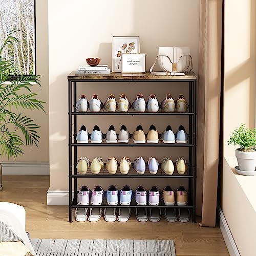 SUOERNUO Shoe Rack Organizer 5 Tier for Closet Entryway Free Standing Metal Storage Shoe Shelf with MDF Top Board,Black+Rustic Brown