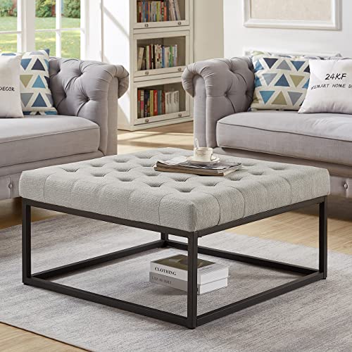 24Kf Middle Century Upholstered Tufted Coffee Table With Linen Padded Seat, Large Square Ottoman With Black Metal Frame -Linen #TOP8