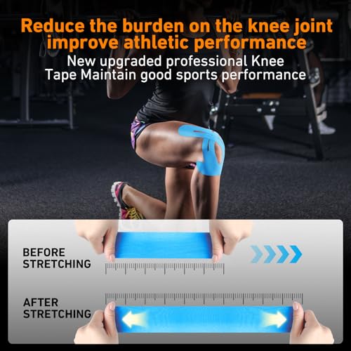 Image of PreCut Kinesiology Tape for Knees, 12PCS(6 Black & 6 Blue)Waterproof KTQUICK Knee Tape for Knee Pain Relief Pre Cut, Original Cotton Athletic Knee Tape, Waterproof&Hypoallergenic Latex-Free for Sports