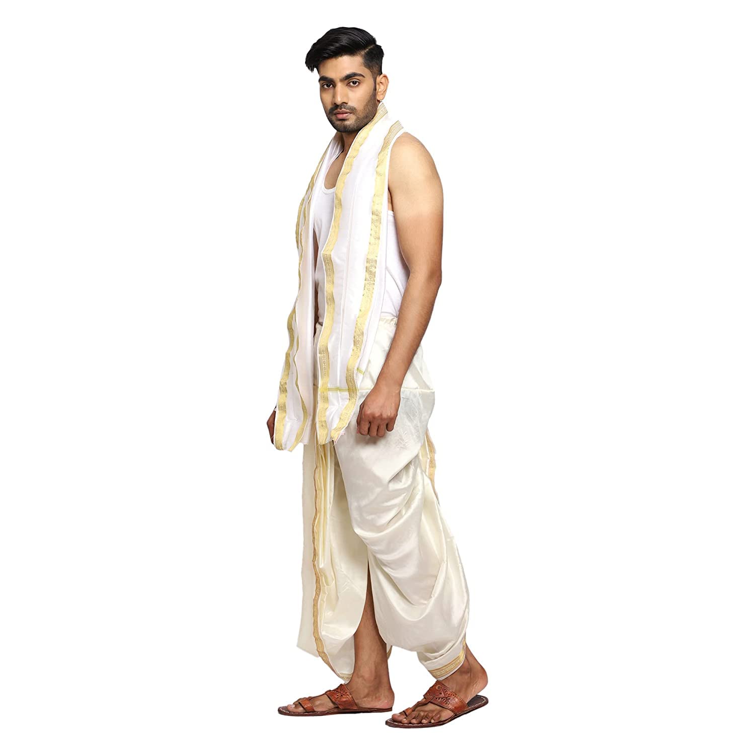 rameshwaram fabrics Men's Readymade Ready to Wear Dhoti Pant with Stole, Color : Cream off White-picture-20