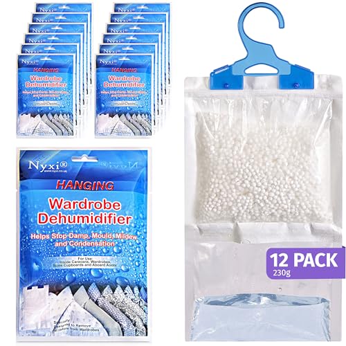 Nyxi Set of 12 Hanging Interior Wardrobe Dehumidifier - 230g Each Bag - Ideal to stop damp, mould mildew & condensation- For Wardrobe, Home, Kitchen, Garage, Bedroom, Caravan, Office, Basement etc