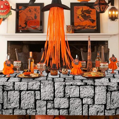 Image of WNINK 4 Pack Stone Wall Tablecloths, Medieval Brick Stone Plastic Table Cover Decoration for Halloween Birthday Party Supplies Medieval Castle Knight Themed
