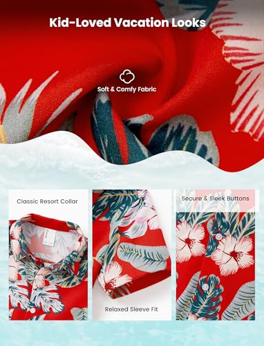 Image of PATPAT Family Matching Hawaiian Outfits - Matching Hawaiian Shirts for Family Tropical Palm Leaf Print Beach Short Sleeve Polo Shirt Father Son Matching Shirts Red Flower Boy 8-9 Years