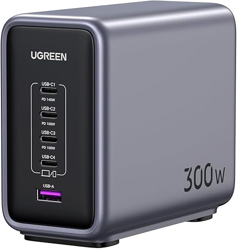 UGREEN Nexode Cargador USB C GaN de 300W, Estación de Carga de Escritorio de 5 Puertos Compatible con MacBook Pro/Air, Dell XPS, iPhone 17/16/15