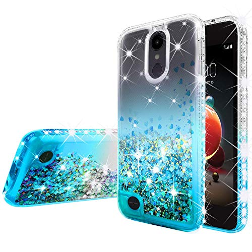 Galaxy Wireless Compatible For Lg Stylo 4 / Stylo 4 Plus Case [Tempered Glass Screen Protector] Liquid Glitter Cover For Girls Women Cute Phone Cases- Aqua/Clear #TOP1
